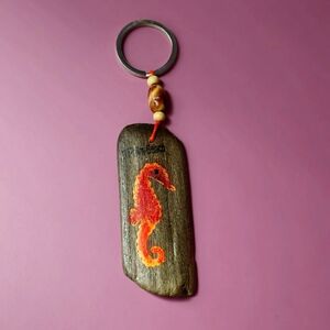 Palm Beach Wooden Seahorse Keychain with Orange Design Handcrafted